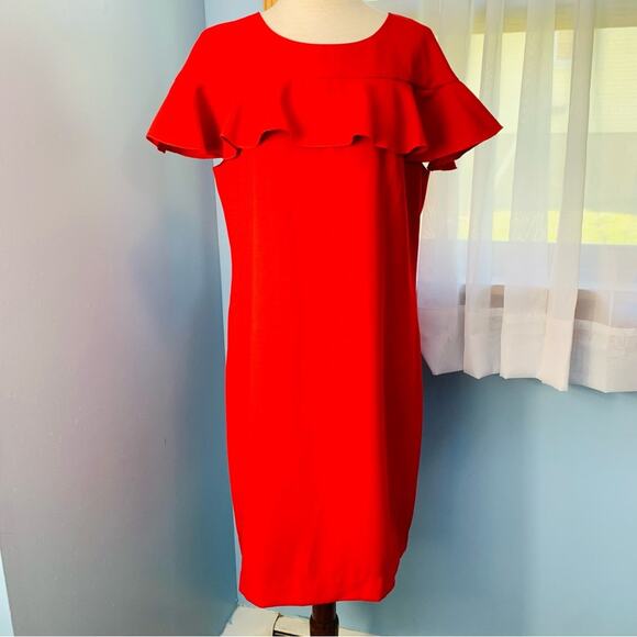 Trina Turk Red Shimmer Ruffle Sheath Dress Size 10 - Picture 3 of 10